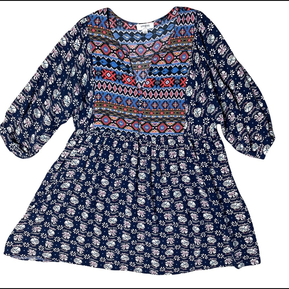 Umgee Tribal Aztec Bohemian Puff Sleeves Navy Blue Orange Dress Women's Size S